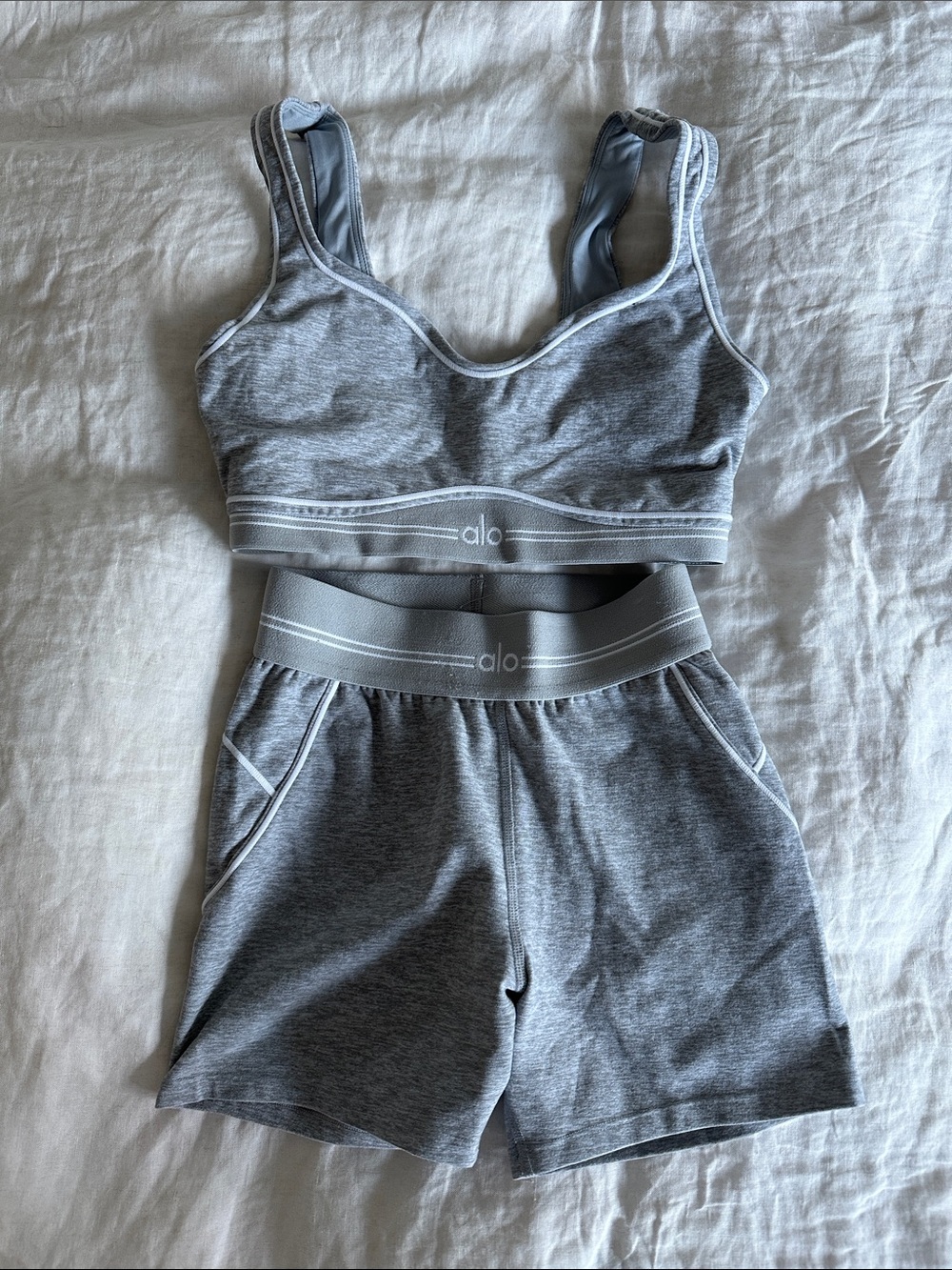 ALO Yoga Gray Heather Sports Bra and High-Waist Shorts Set